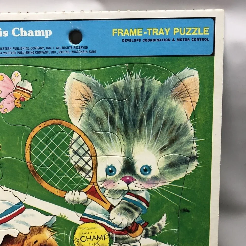 Vintage 1978 Whitman Tennis Champ Frame Tray Puzzle 4511C Giordano Kitten Puppy - Picture 3 of 13